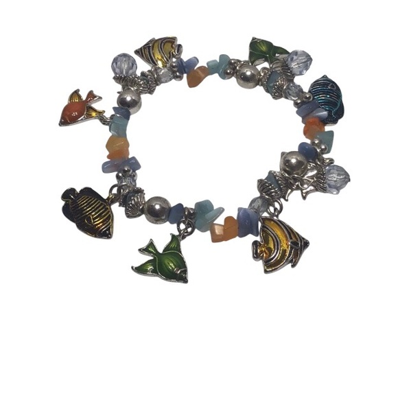Colorful Silver Tone Fish and bead charms on a stretchy chunky bead band. - Picture 1 of 2